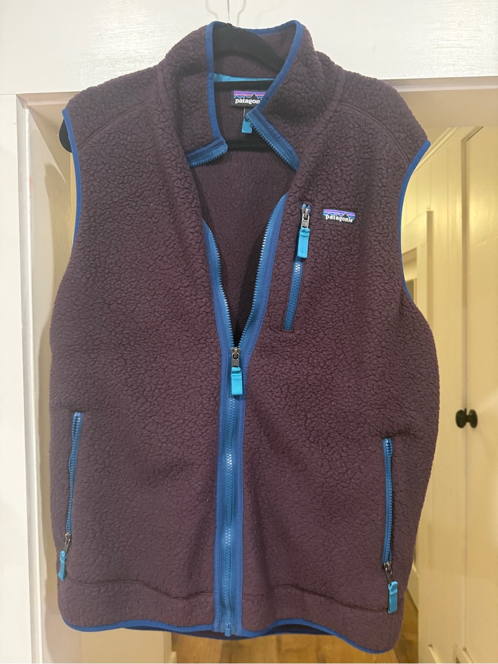 Patagonia Plum Sherpa Fleece Vest with Bright Blue Trim